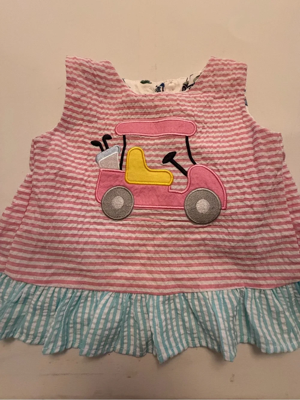 Girls Pink Striped Ruffle Two-Piece Set with Car Applique